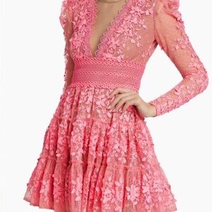 Bronx and Banco Pink Floral Lace Long Sleeve V-Neck Dress